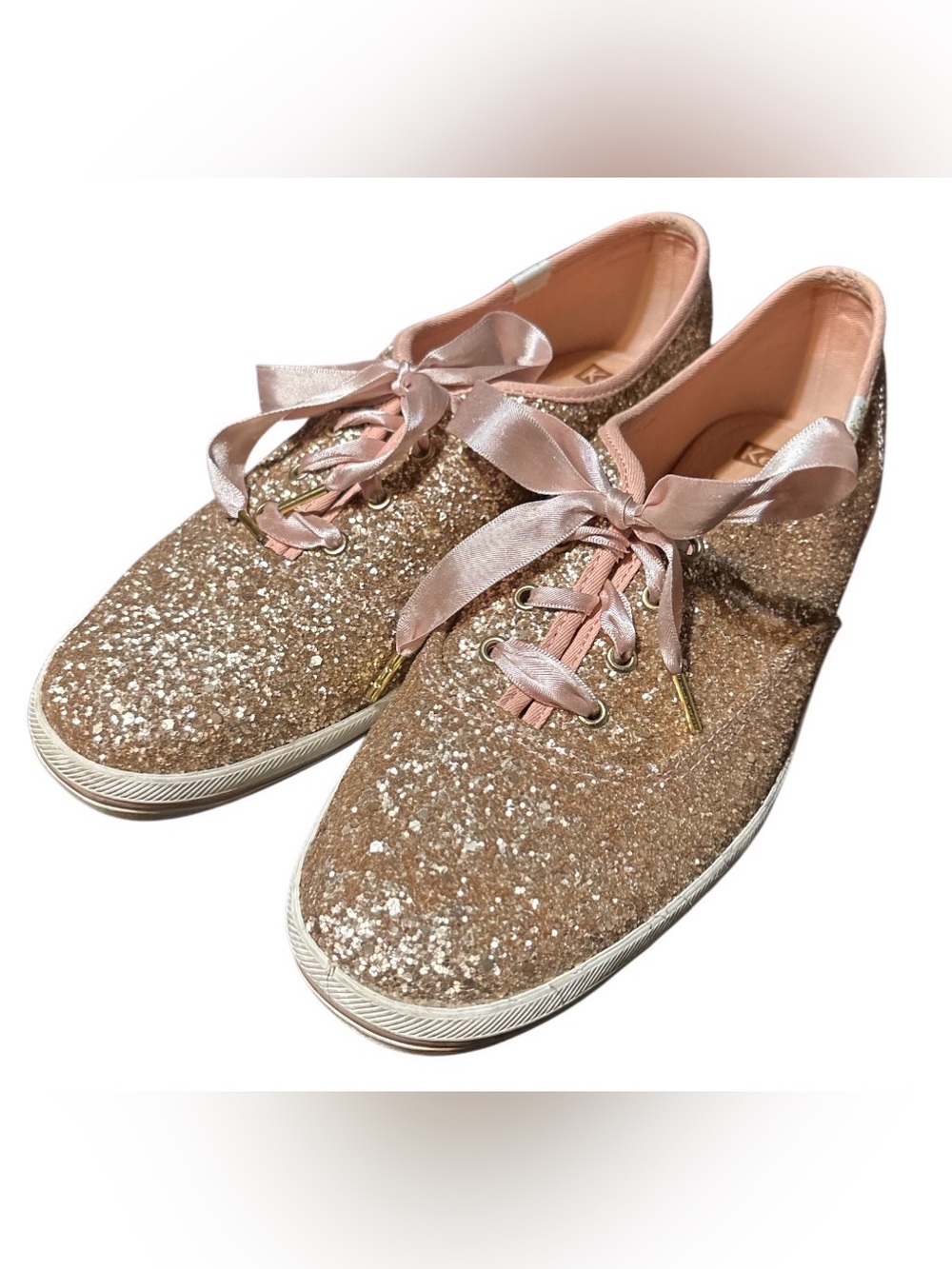 Kate Spade Rose Gold Glitter Keds with Satin Ribbon Laces